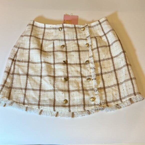 Leyden Monroe Plaid Printed MiniSkirt Size Small Ivory Tan Checked Academia NWT - Picture 6 of 14